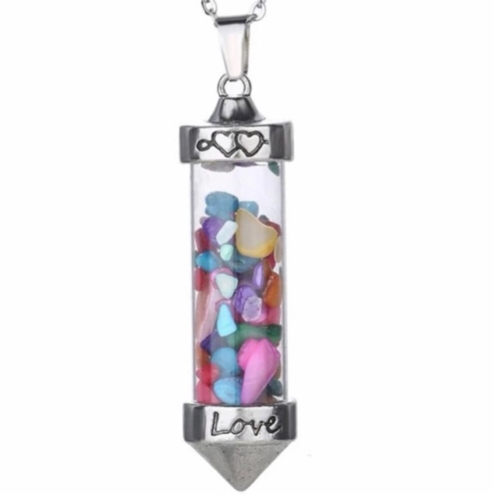 Rainbow Love Vial Tiny Tumbled Float Stone Engrave Bottle Chakra Heart Necklace